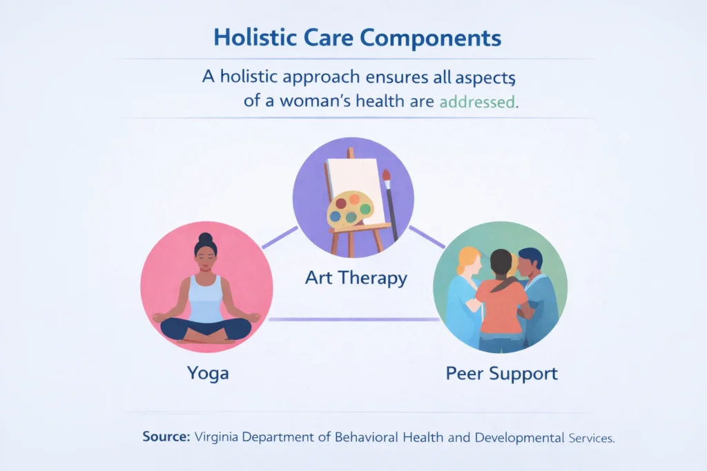 Holistic addiction treatment components, including yoga, art therapy, and peer support for women in Virginia.