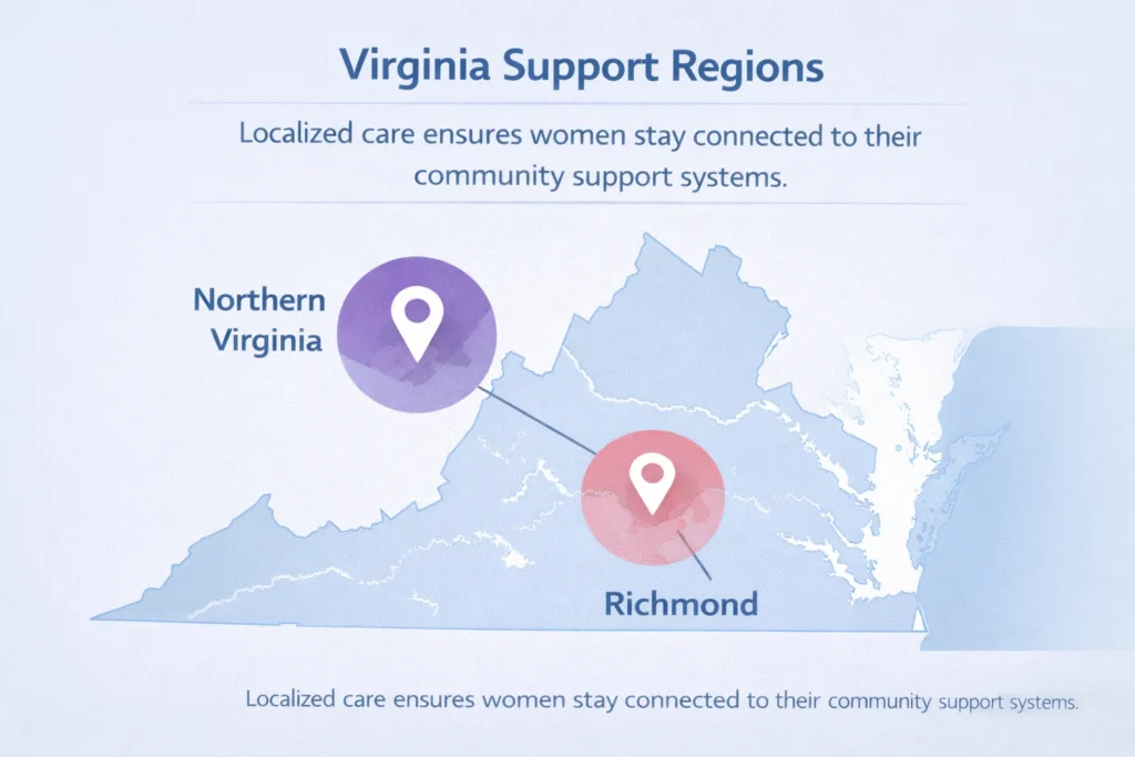 Map highlighting addiction treatment support regions in Northern Virginia and Richmond.