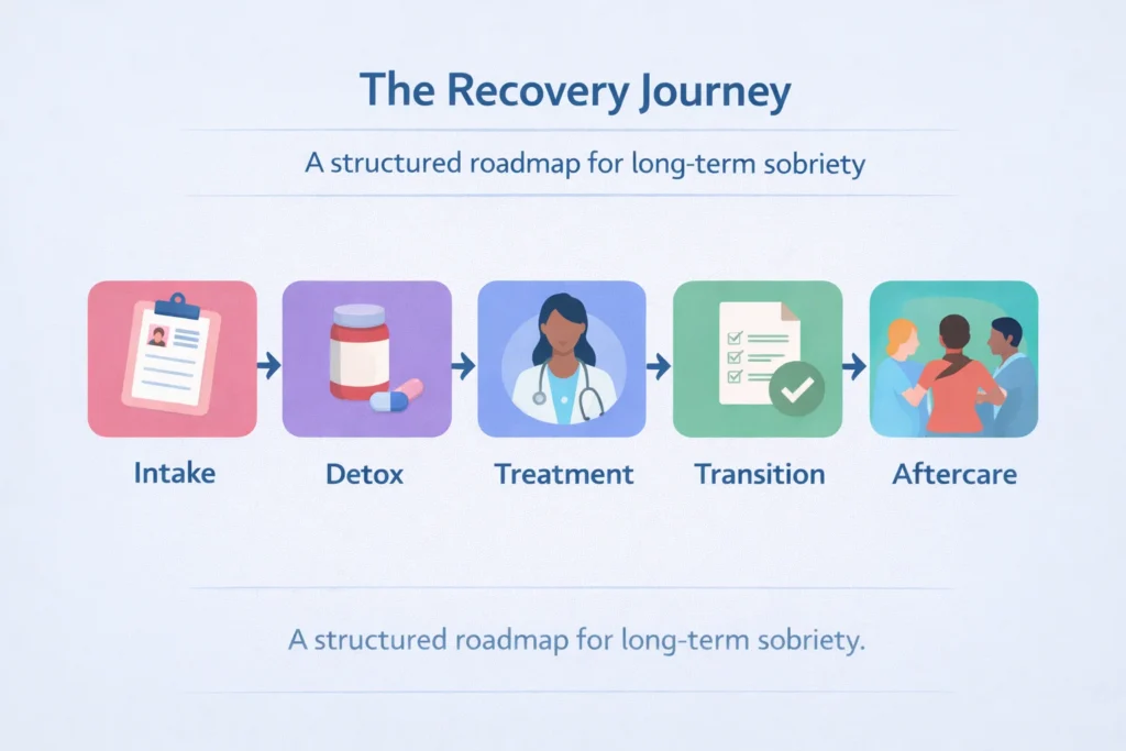 Addiction recovery process flowchart showing intake, detox, treatment, transition, and aftercare stages.