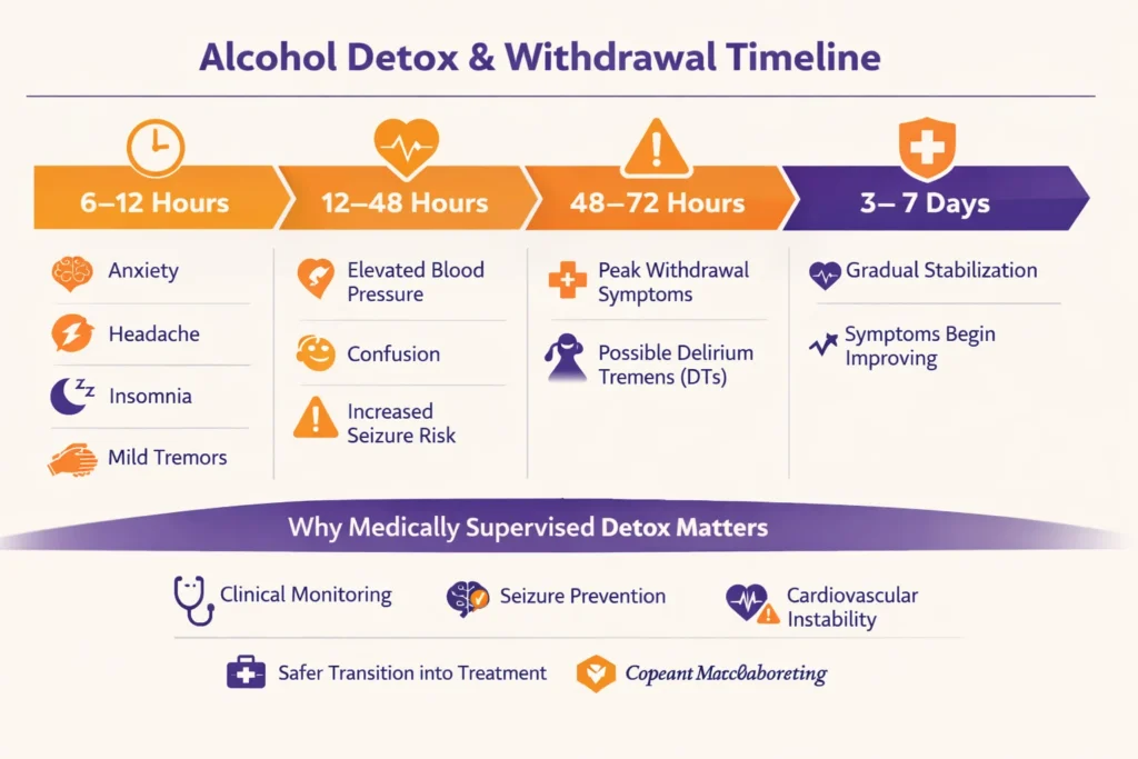 Infographic showing the alcohol withdrawal detox timeline from 6 hours to 7 days and explaining why medically supervised detox improves safety.