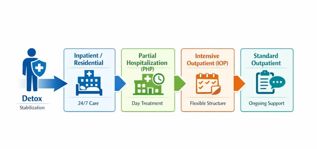 Infographic showing levels of care after alcohol detox, including inpatient treatment, partial hospitalization, intensive outpatient, and standard outpatient programs.