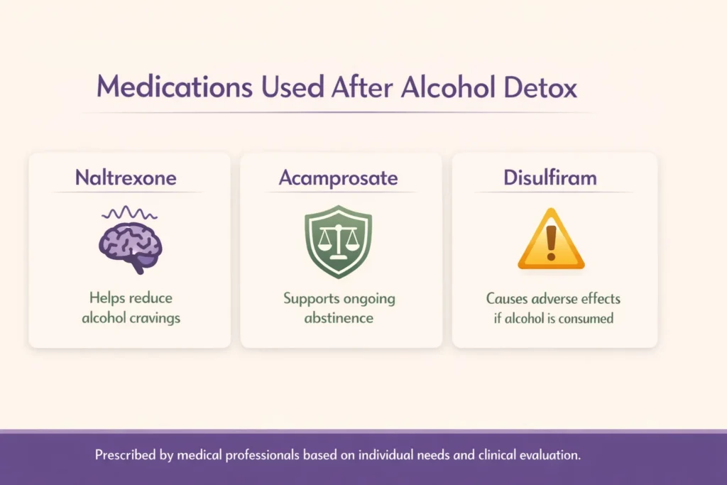 Infographic showing medications used after alcohol detox, including naltrexone, acamprosate, and disulfiram, with their purposes in recovery.