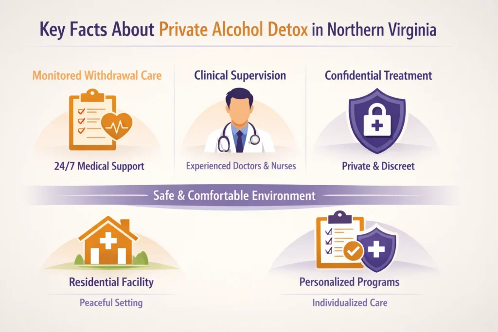 Infographic showing key facts about private alcohol detox and medically supervised withdrawal care in Northern Virginia.