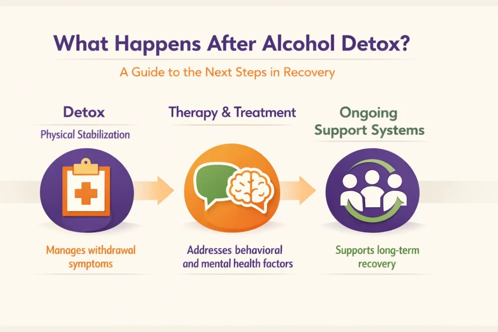 Infographic showing what happens after alcohol detox, including stabilization, therapy, and ongoing recovery support steps.