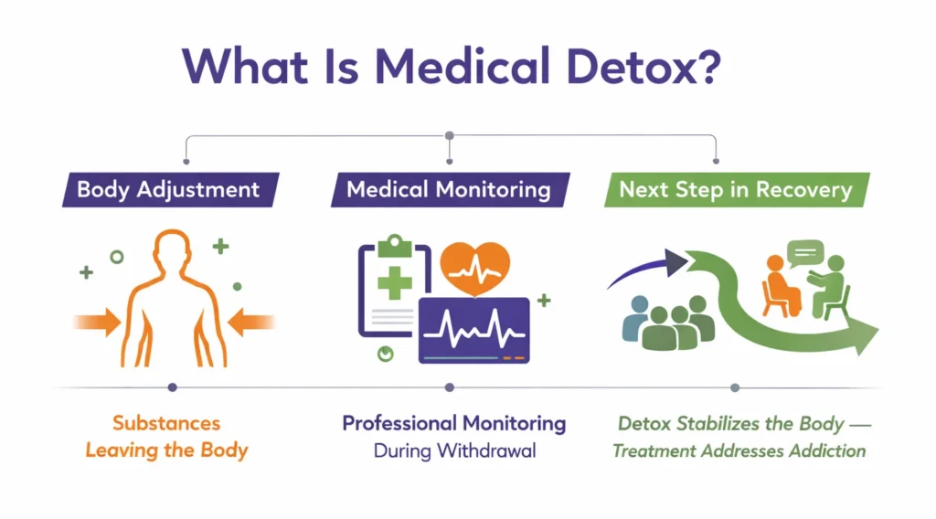 Medical detox infographic explaining the detox process in addiction recovery, including body adjustment as substances leave the body, professional medical monitoring during withdrawal, and the transition to addiction treatment.