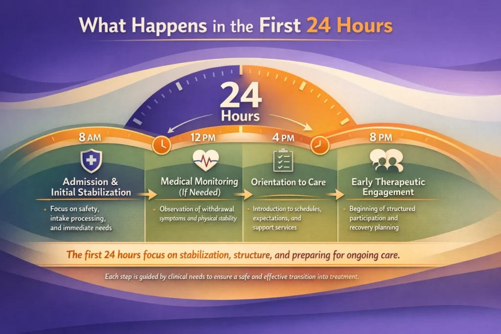 Infographic showing what happens in the first 24 hours of rehab, including stabilization, medical monitoring, orientation, and early treatment engagement
