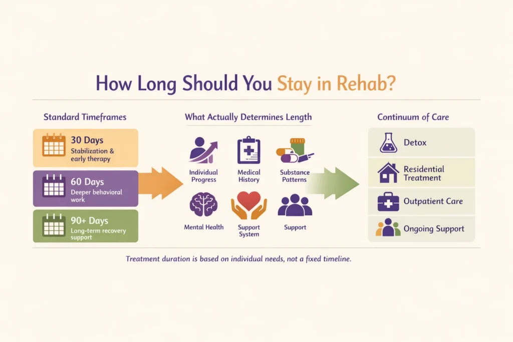 Infographic showing how long you should stay in rehab based on individual progress, standard timelines like 30, 60, and 90 days, and different levels of care including detox, residential, and outpatient treatment.