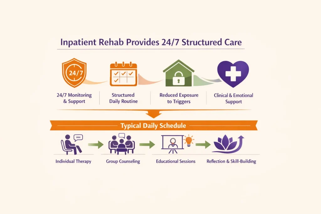 Infographic showing how inpatient rehab provides 24/7 structured care, including therapy, group support, and daily recovery routines.
