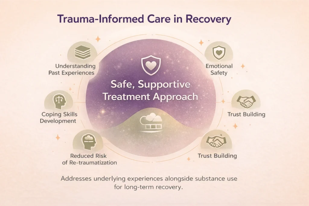 Infographic showing trauma-informed care in addiction recovery with a focus on safety, trust, and emotional support.