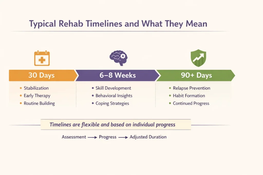 Infographic showing typical rehab timelines, including 30 days, 6 to 8 weeks, and 90 plus days, along with what each stage focuses on and how treatment duration depends on individual progress.