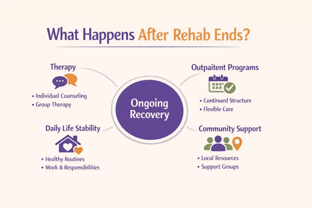Infographic showing what happens after rehab ends, including ongoing therapy, outpatient programs, community support, and continued recovery efforts.