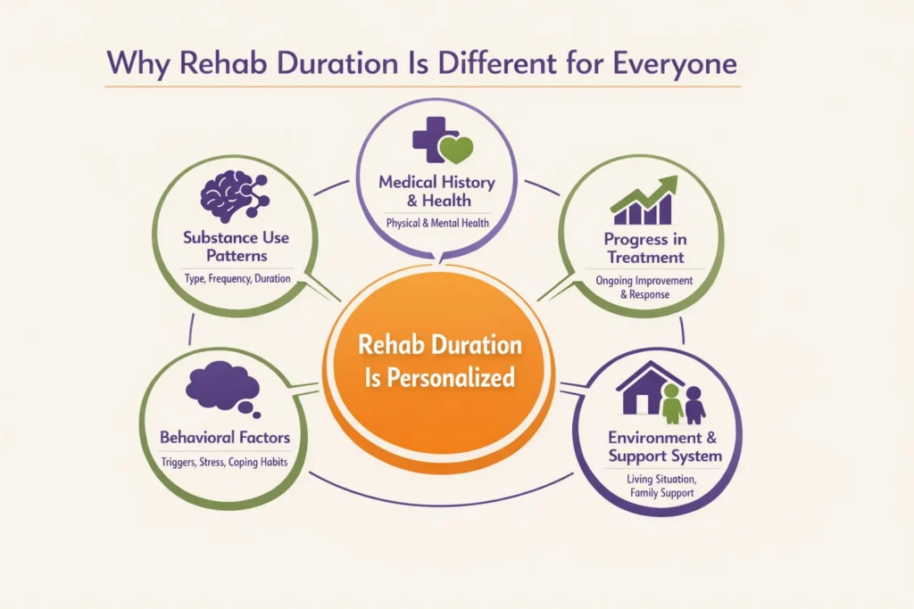 Infographic showing why rehab duration varies for each person, including factors like substance use patterns, health history, environment, and progress during treatment.