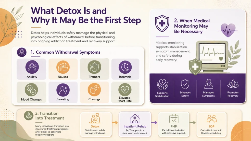 Infographic explaining detox, withdrawal symptoms, and medical monitoring during early addiction recovery.
