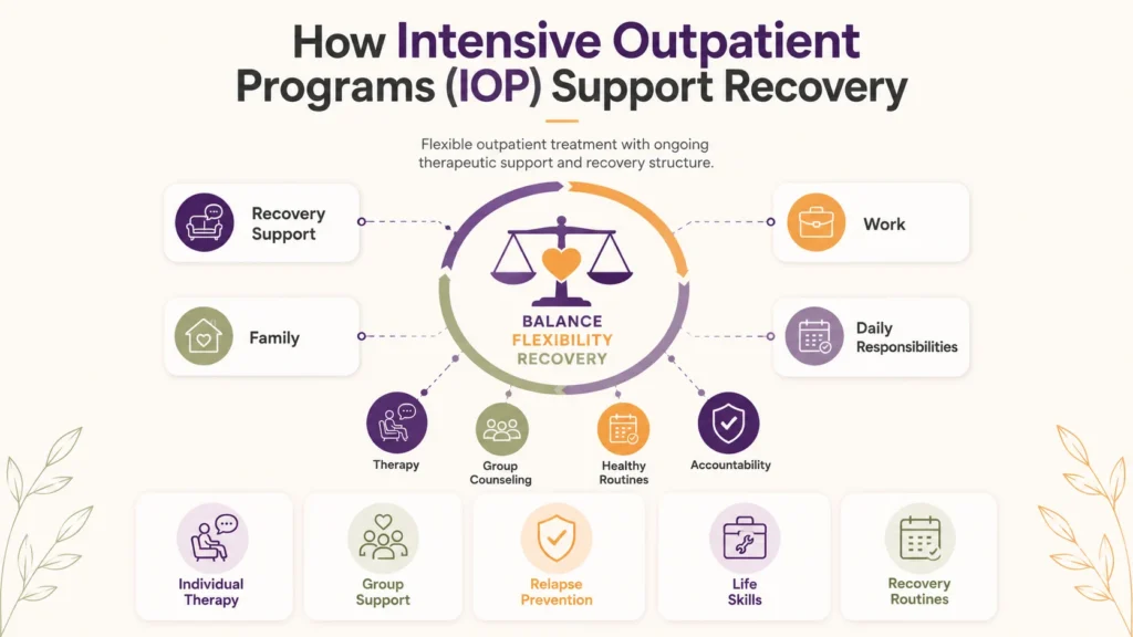 Infographic showing how intensive outpatient programs support addiction recovery while balancing daily responsibilities.