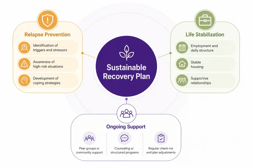 Infographic showing components of a sustainable recovery plan, including relapse prevention, life stabilization, and ongoing support systems.
