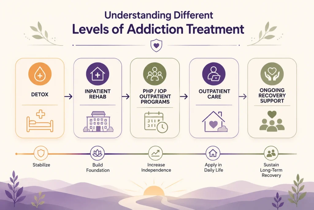 Minimal healthcare infographic showing the different levels of addiction treatment in a horizontal flow from detox and inpatient rehab to outpatient care and ongoing recovery support using calming purple, green, and orange branding elements.