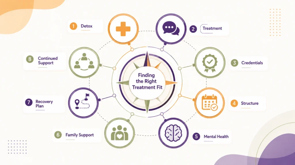 Infographic showing key factors to evaluate when comparing rehab centers, including detox services, treatment approaches, mental health support, staff credentials, family involvement, and recovery planning.