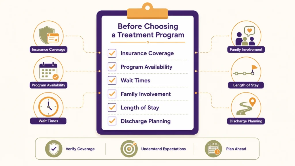 Checklist-style infographic highlighting important topics to discuss before entering treatment, including insurance coverage, program availability, family involvement, length of stay, and discharge planning.
