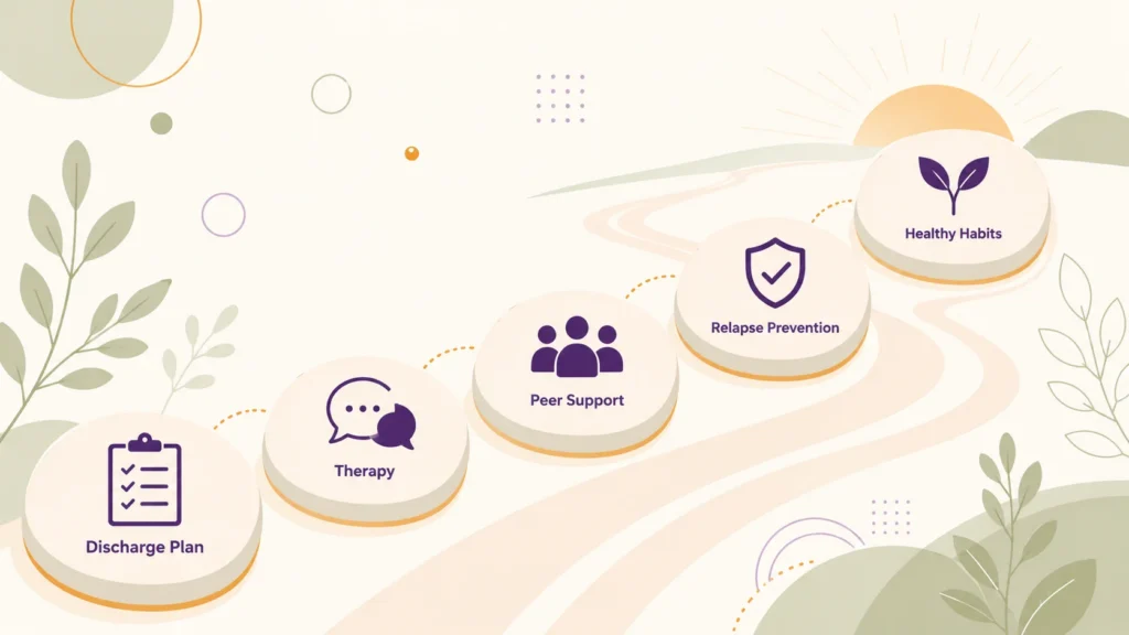 Infographic showing five steps that support recovery after inpatient rehab, including a discharge plan, ongoing therapy, peer support, relapse prevention, and healthy habits.