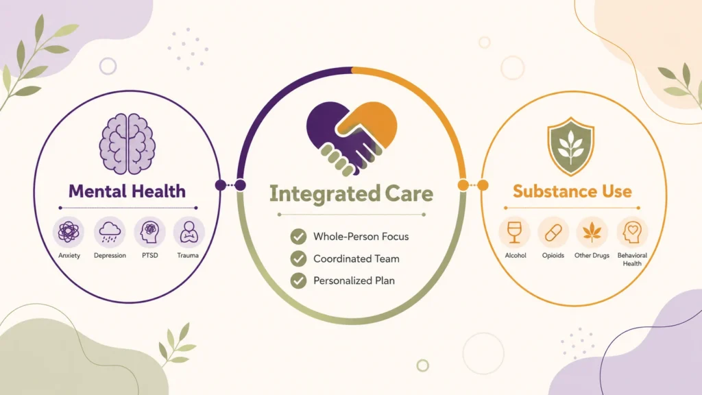 Infographic illustrating how mental health conditions and substance use disorders overlap, highlighting integrated care, coordinated clinical teams, personalized planning, and a whole-person approach.
