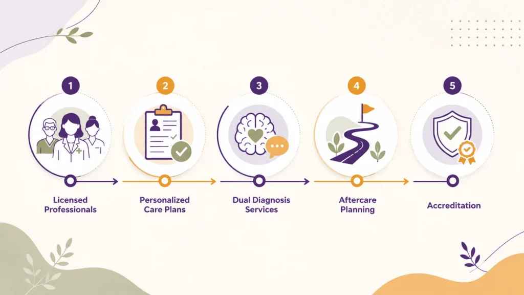 Infographic highlighting five factors to consider when choosing an inpatient rehab program in Virginia, including clinical quality, personalized care, dual diagnosis services, aftercare planning, and accreditation.