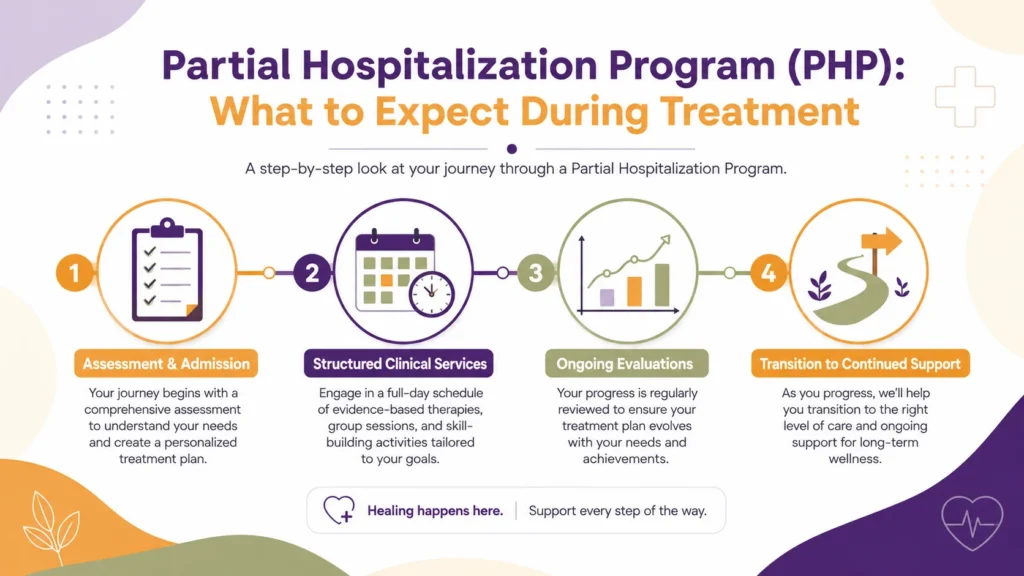 Infographic outlining what to expect during a Partial Hospitalization Program, including assessment, daily schedule, progress reviews, and next steps in addiction care.