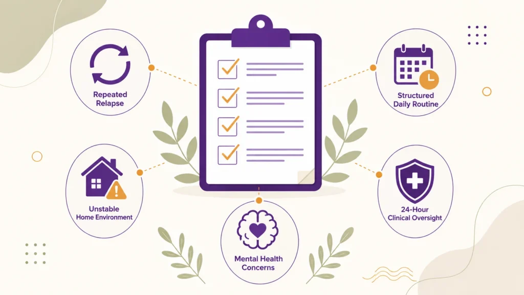 Infographic outlining common signs that may indicate a need for inpatient addiction care, including repeated relapse, mental health concerns, an unstable home environment, structured routines, and 24-hour clinical oversight.