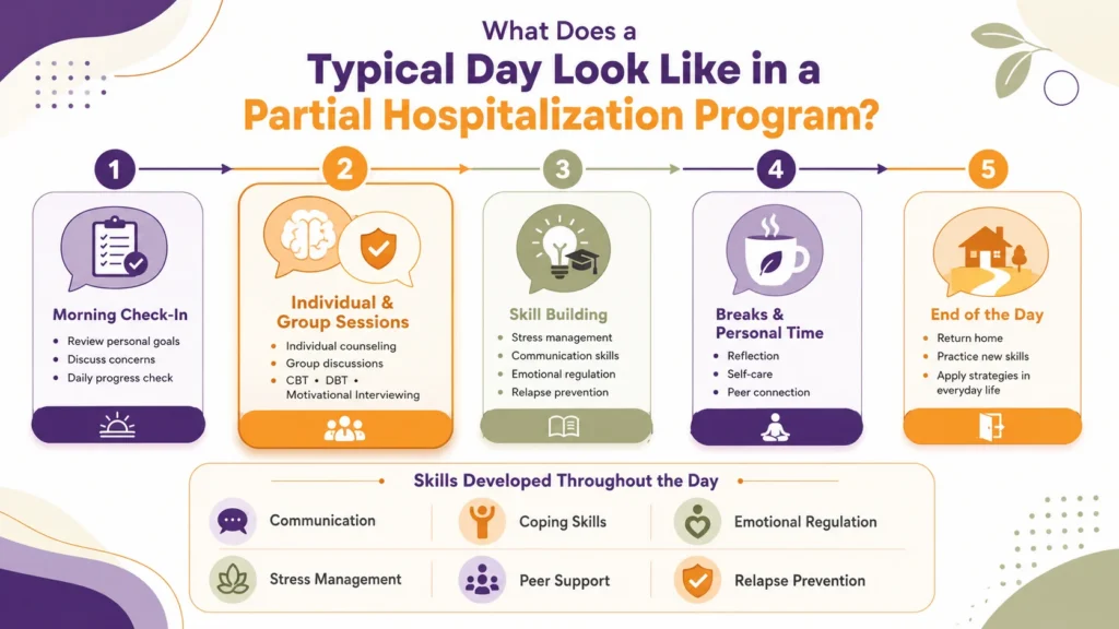 Infographic illustrating a typical day in a Partial Hospitalization Program, including morning check-ins, individual and group sessions, skill-building activities, breaks, and returning home after daily treatment.