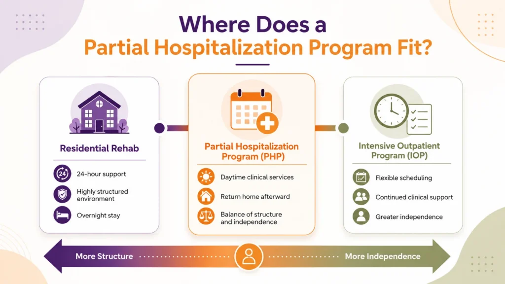Infographic comparing residential rehab, a Partial Hospitalization Program (PHP), and an Intensive Outpatient Program (IOP) within the continuum of addiction care.