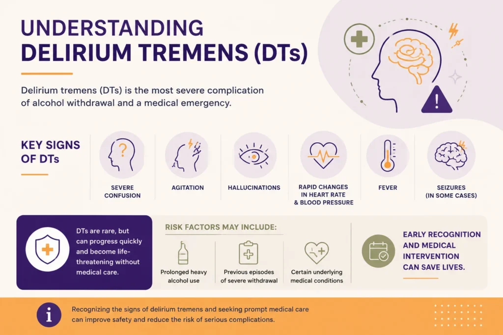 Infographic explaining delirium tremens (DTs), including key warning signs, common risk factors, and why prompt medical evaluation is important during severe alcohol withdrawal.