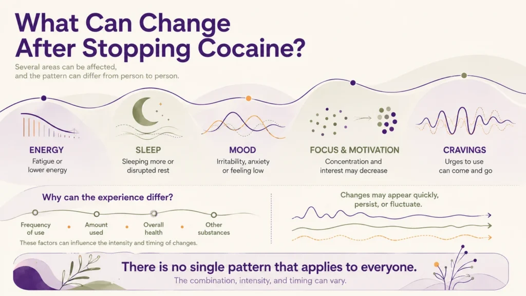 Infographic explaining changes in energy, sleep, mood, focus, motivation, and cravings after stopping cocaine and factors that can influence the experience.