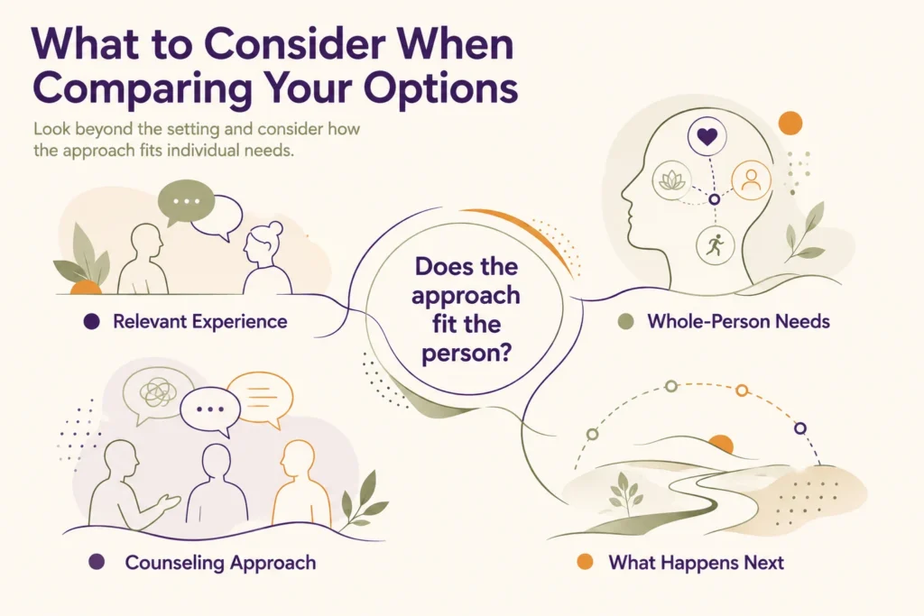 Infographic showing factors to consider when evaluating professional help, including relevant experience, individual needs, counseling approaches, and continued support.