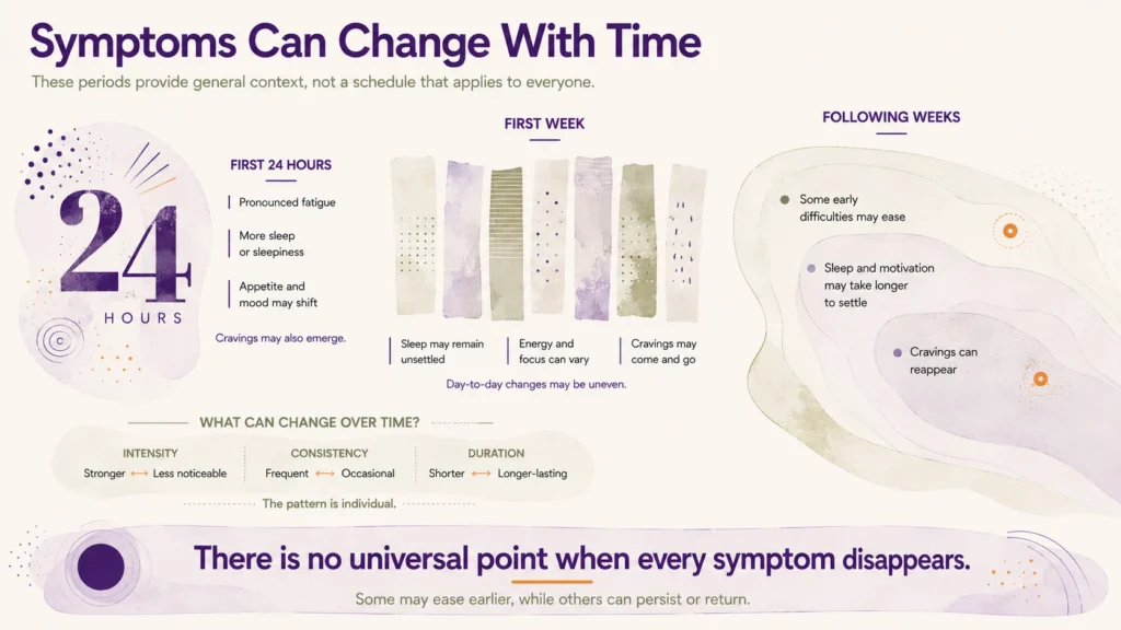 Infographic comparing symptoms that may occur during the first 24 hours, first week, and following weeks after stopping cocaine.