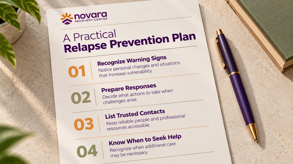 Infographic showing four components of a relapse prevention plan: warning signs, prepared responses, trusted contacts, and when to seek help.