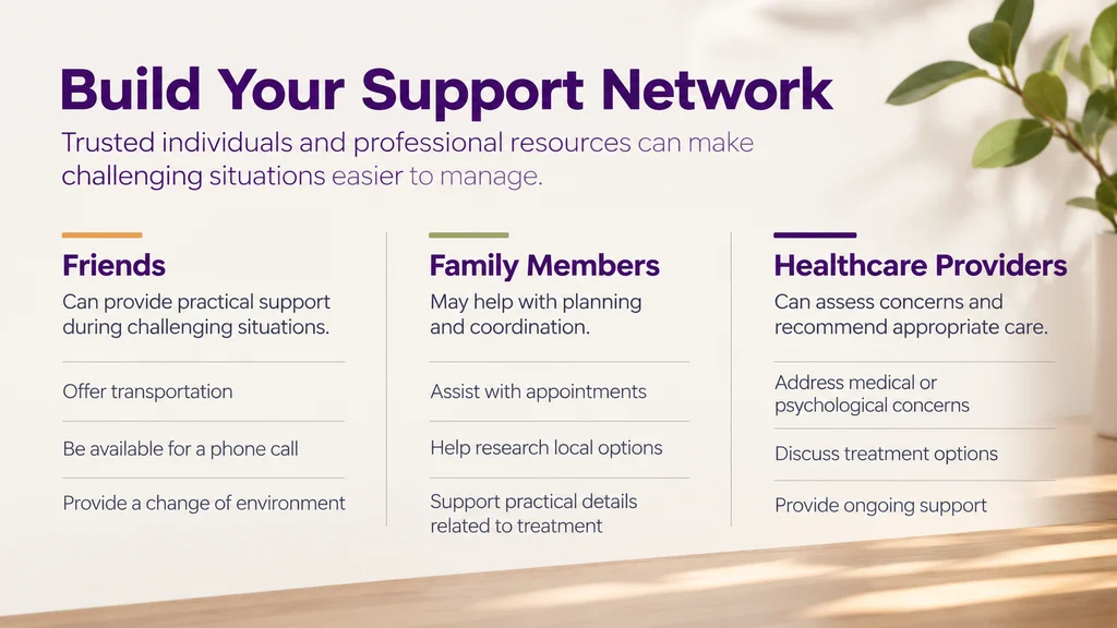 Infographic showing how friends, family members, and healthcare providers can assist with practical needs, treatment decisions, and professional care during addiction recovery.